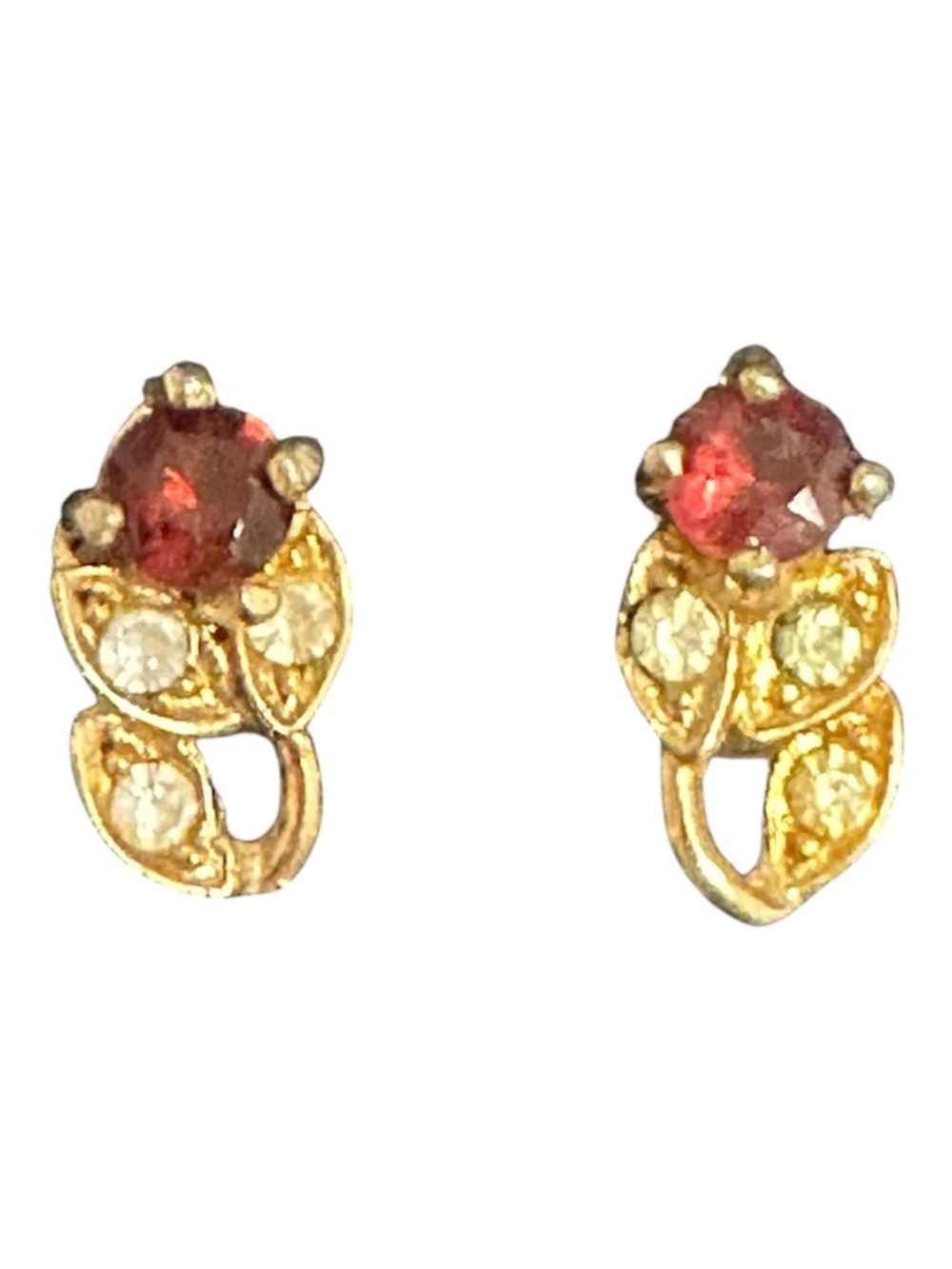 Vintage Gold Tone Red Crystal Floral Earrings Faceted Red Stone Statement